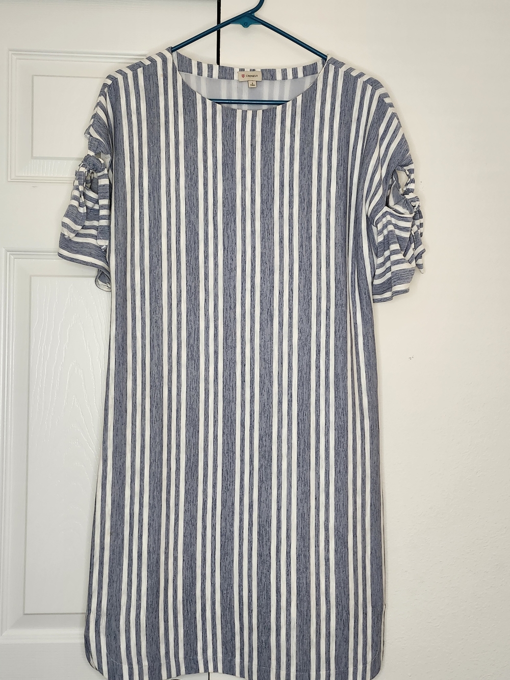 Cremieux Blue White Vertical Striped Shift Dress Sleeve Cutout Knot Detail